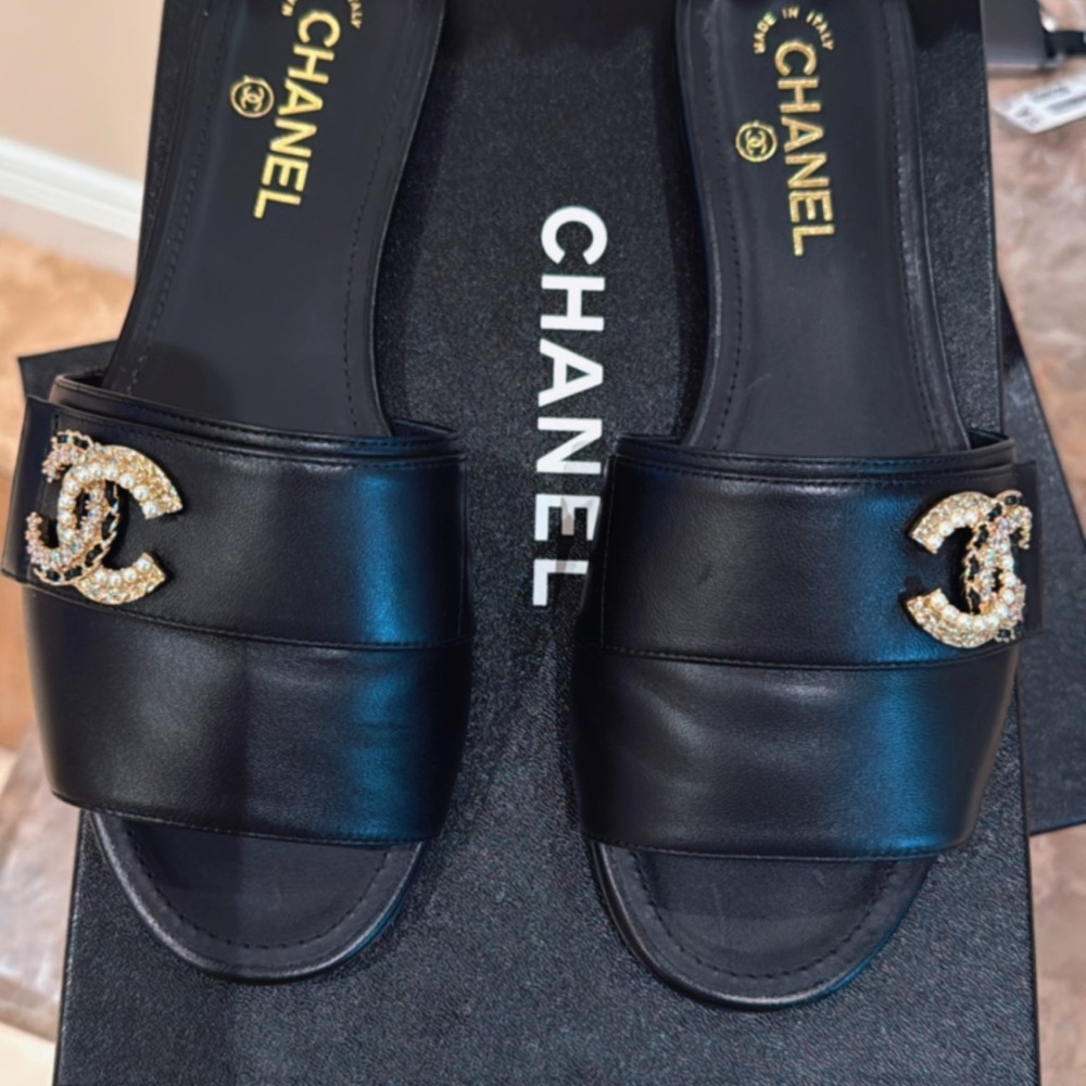 Chanel Black Leather Sandals with Gold Logo